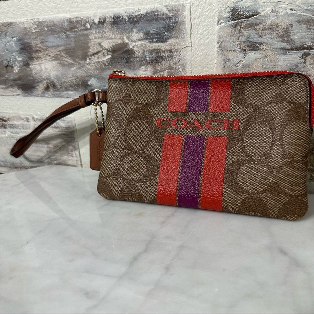 Coach F66052 Coach Varsity Corner Zip Wristlet Khaki/Watermelon